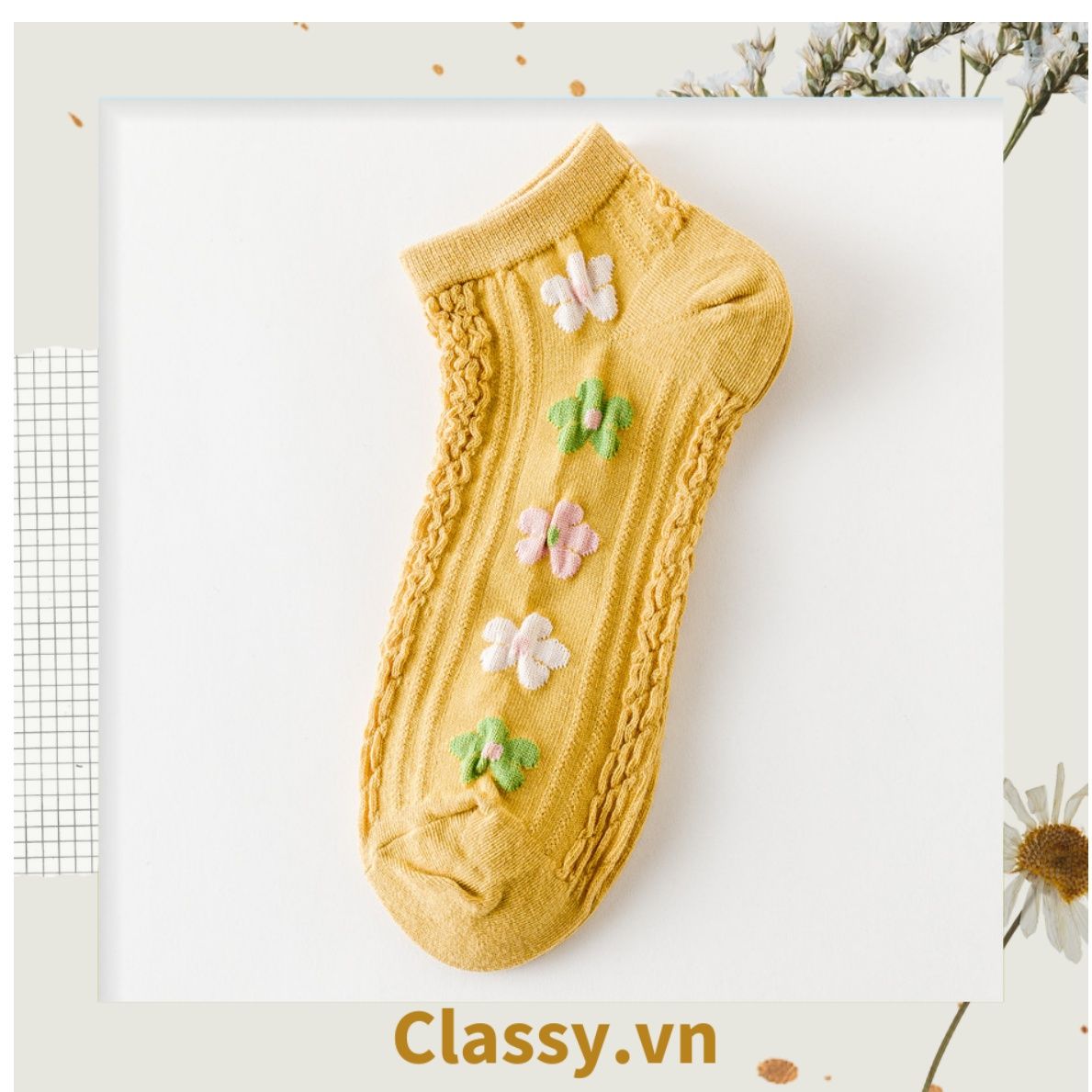 Classy Tất cổ cao, tất cổ ngắn màu trung trính, họa tiết hàng bông chạy dọc thân độc đáo G1431 - G1453