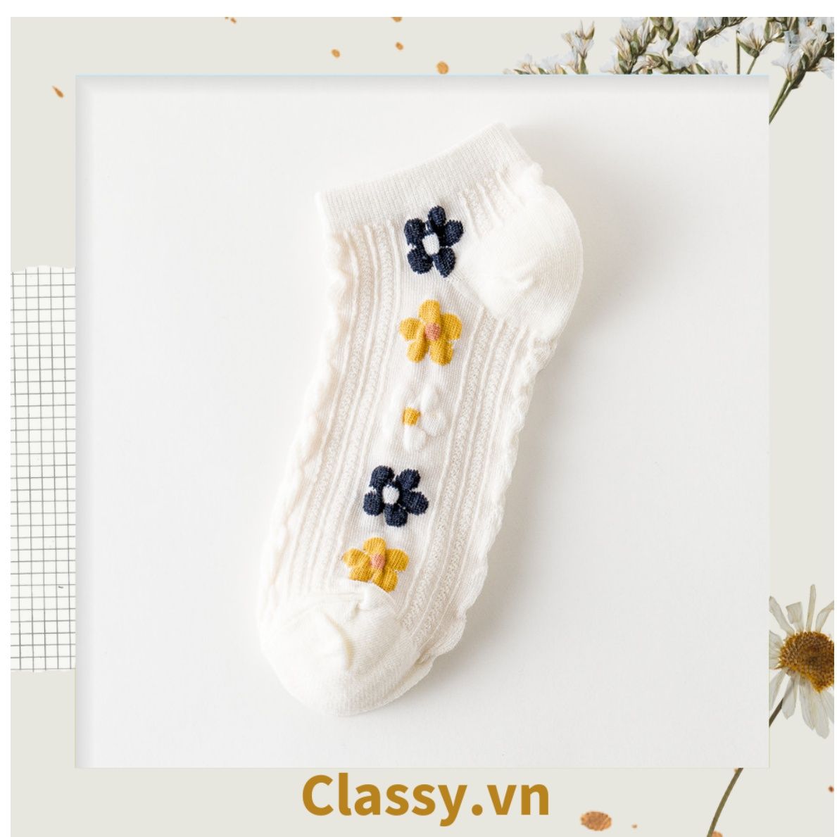 Classy Tất cổ cao, tất cổ ngắn màu trung trính, họa tiết hàng bông chạy dọc thân độc đáo G1431 - G1453