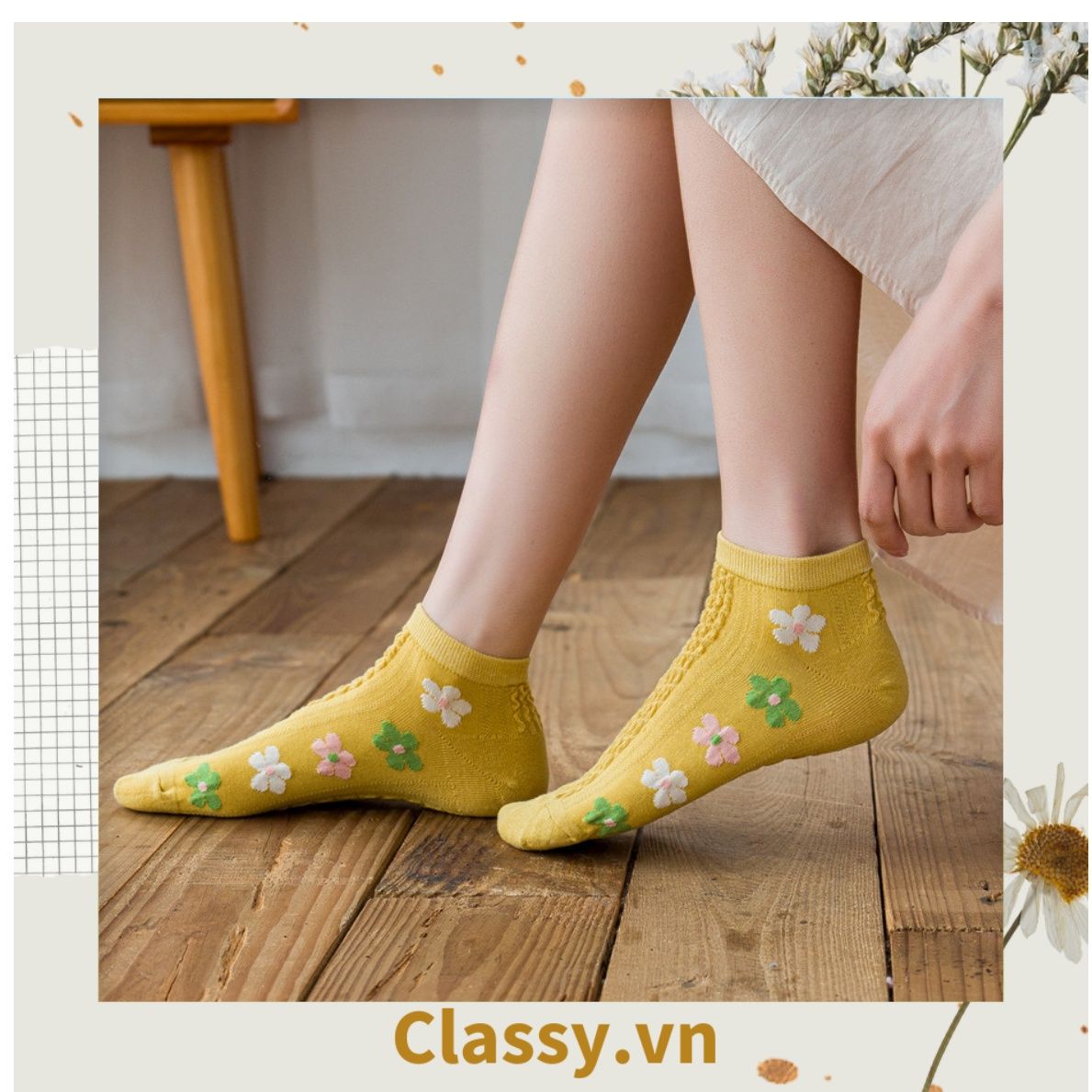 Classy Tất cổ cao, tất cổ ngắn màu trung trính, họa tiết hàng bông chạy dọc thân độc đáo G1431 - G1453