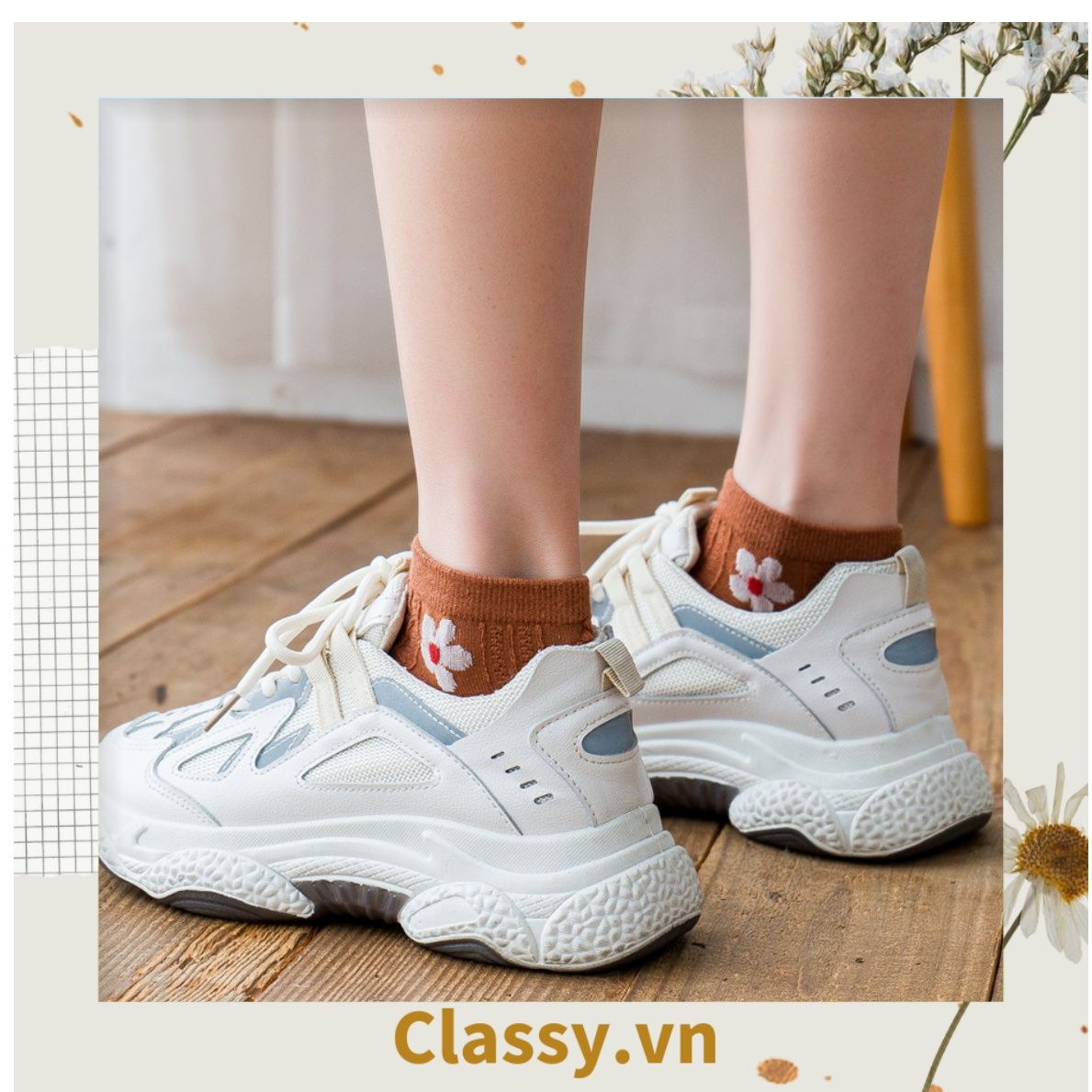 Classy Tất cổ cao, tất cổ ngắn màu trung trính, họa tiết hàng bông chạy dọc thân độc đáo G1431 - G1453