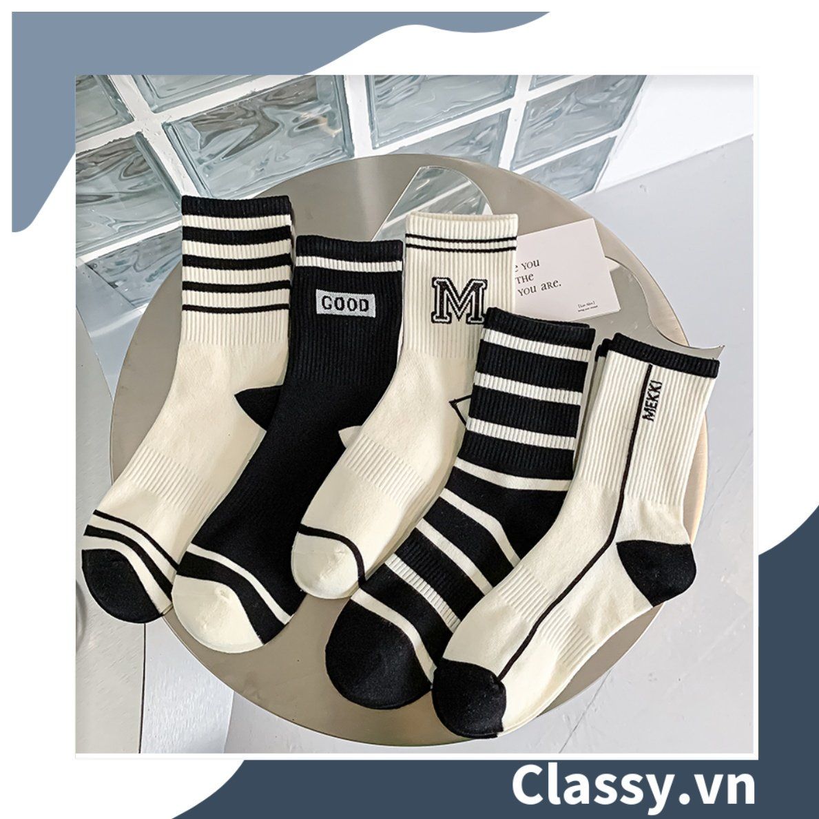 Classy Tất cổ cao, vớ cổ cao màu trắng đen, nhiều họa tiết G1466