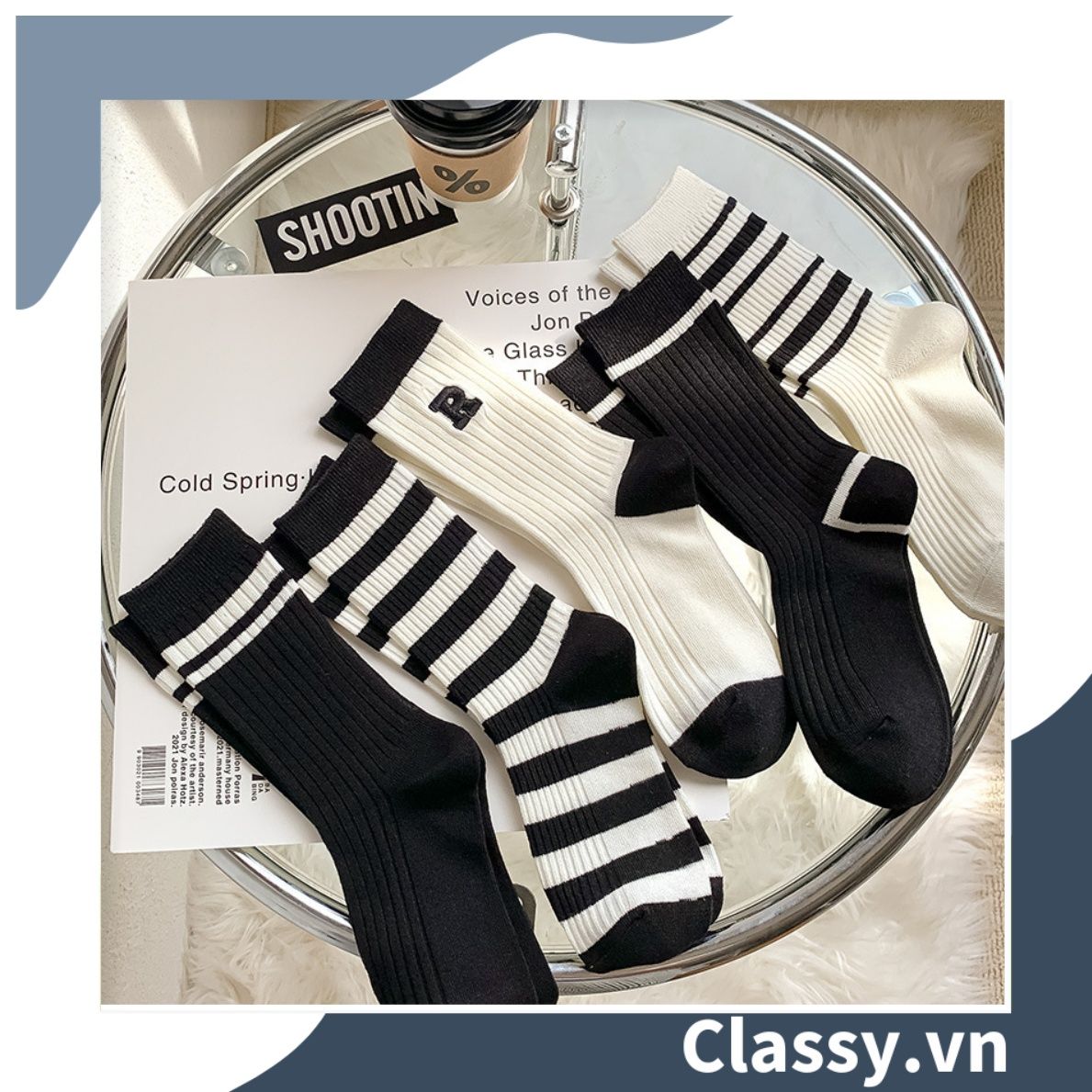 Classy Tất cổ cao, vớ cổ cao màu trắng đen, nhiều họa tiết G1466