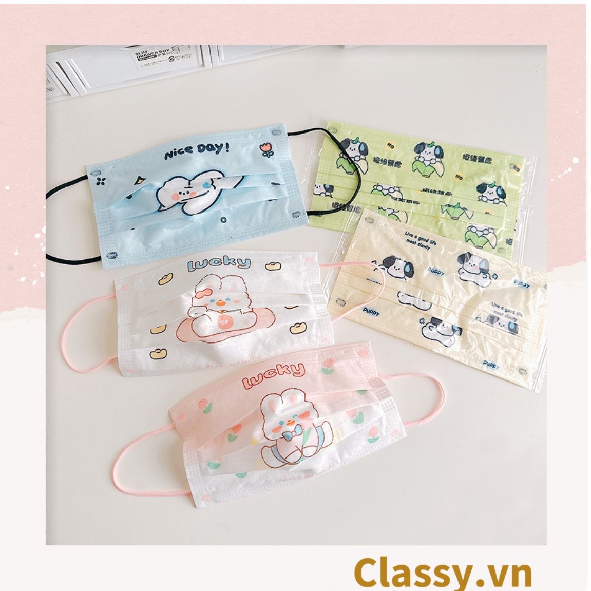 10 chiếc Khẩu trang in hình dễ thương với ba lớp kháng khuẩn, dây đeo chắc chắn, ôm khít gương mặt PK1019