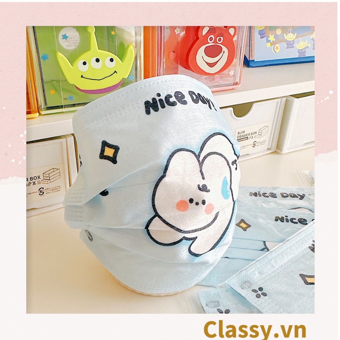 10 chiếc Khẩu trang in hình dễ thương với ba lớp kháng khuẩn, dây đeo chắc chắn, ôm khít gương mặt PK1019