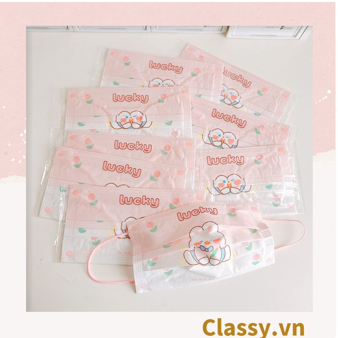 10 chiếc Khẩu trang in hình dễ thương với ba lớp kháng khuẩn, dây đeo chắc chắn, ôm khít gương mặt PK1019