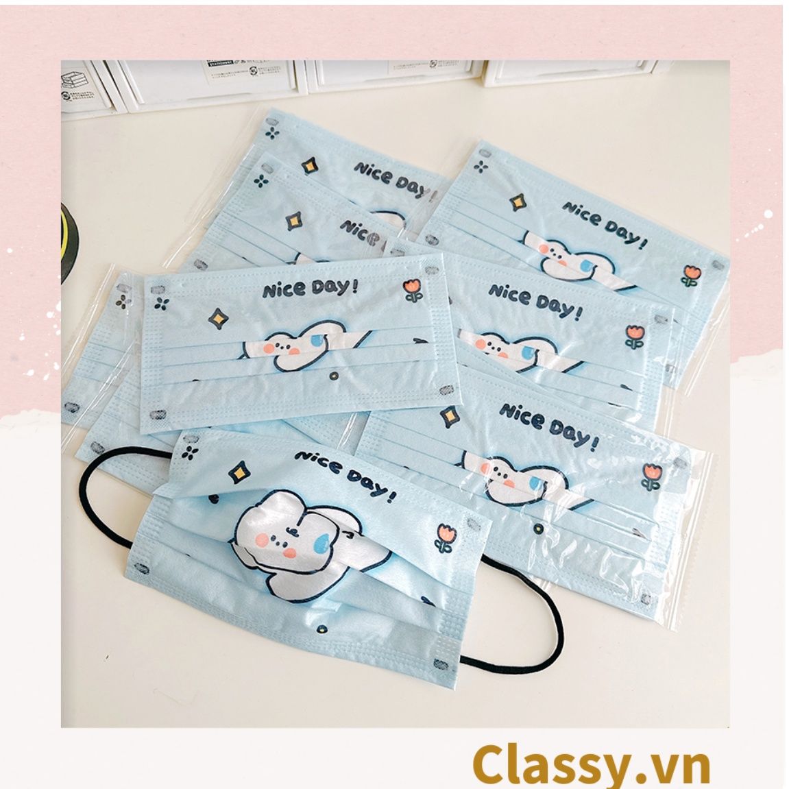 10 chiếc Khẩu trang in hình dễ thương với ba lớp kháng khuẩn, dây đeo chắc chắn, ôm khít gương mặt PK1019