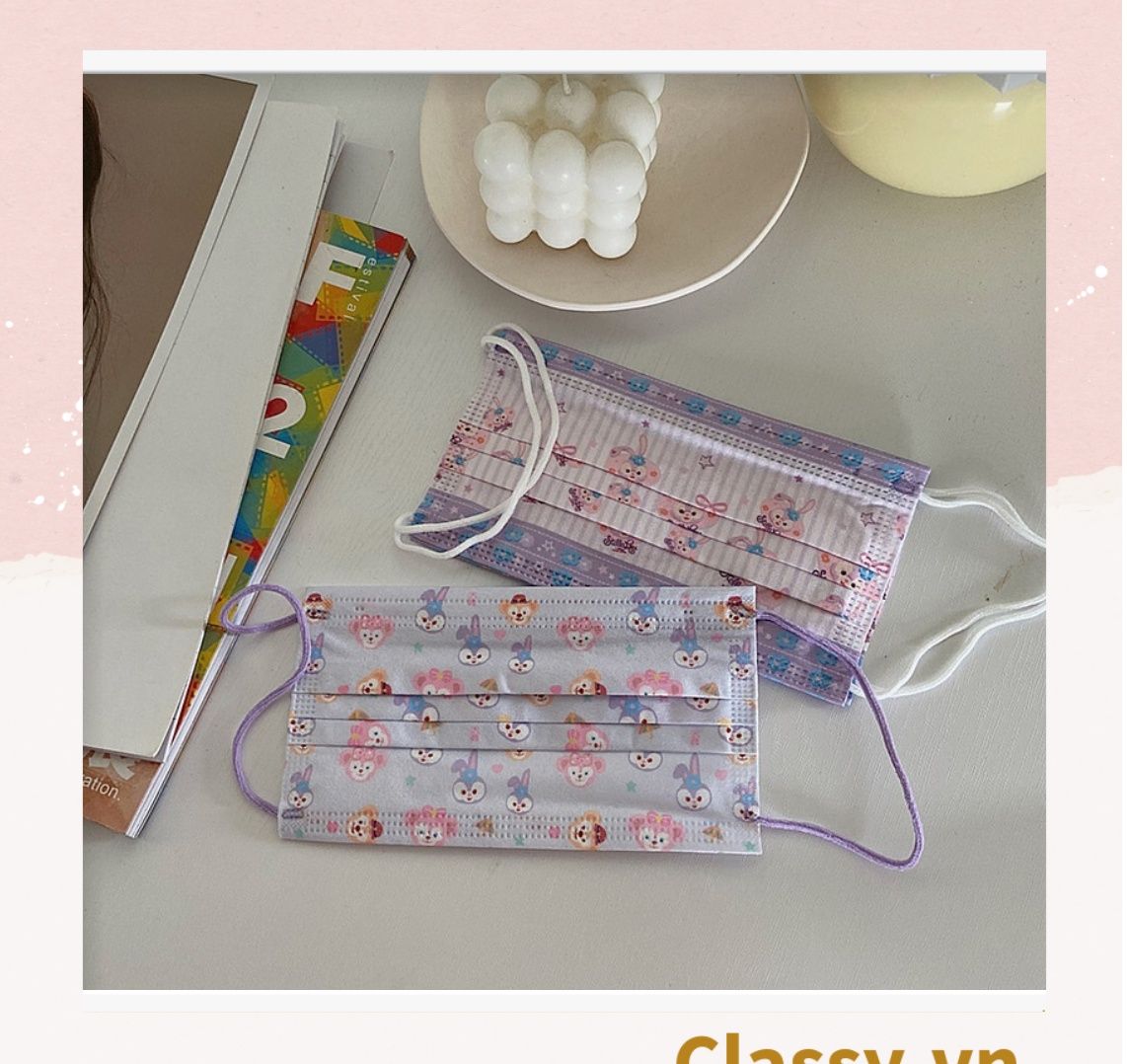 10 chiếc Khẩu trang in hình dễ thương với ba lớp kháng khuẩn, dây đeo chắc chắn, ôm khít gương mặt PK1019