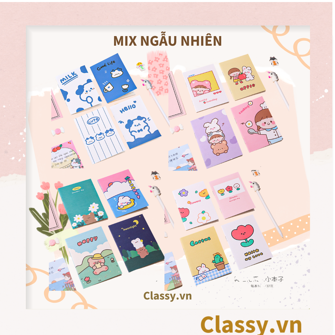 Combo 10 cuốn Sổ tay mini họa tiết dễ thương 85x120mm, ghi chép từ vựng, công thức tiện lợi mang theo bên người PK1139