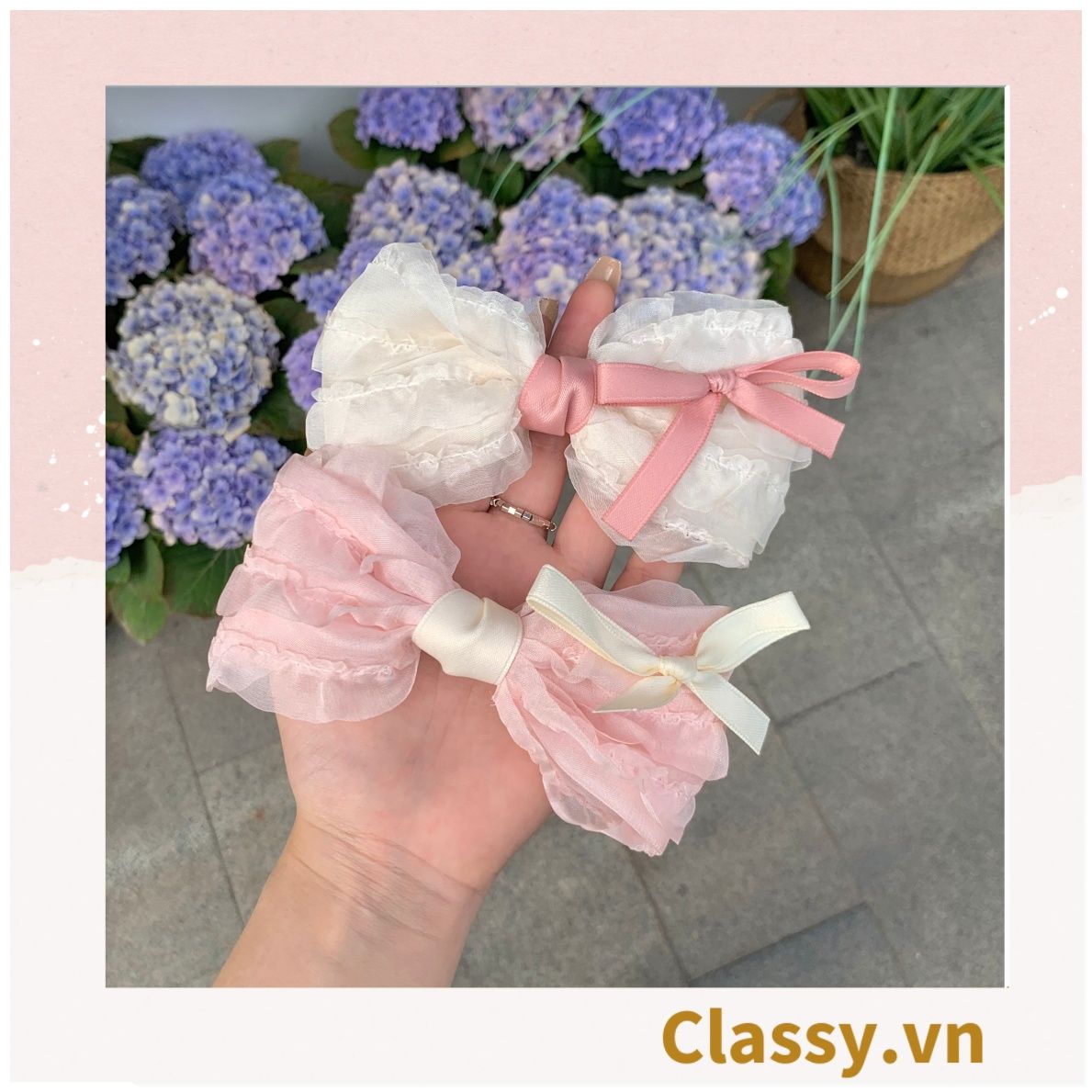  Kẹp tóc cột tóc scrunchies nơ màu hồng phấn mang lại nét nữ tính cho bạn nữ PK1152 