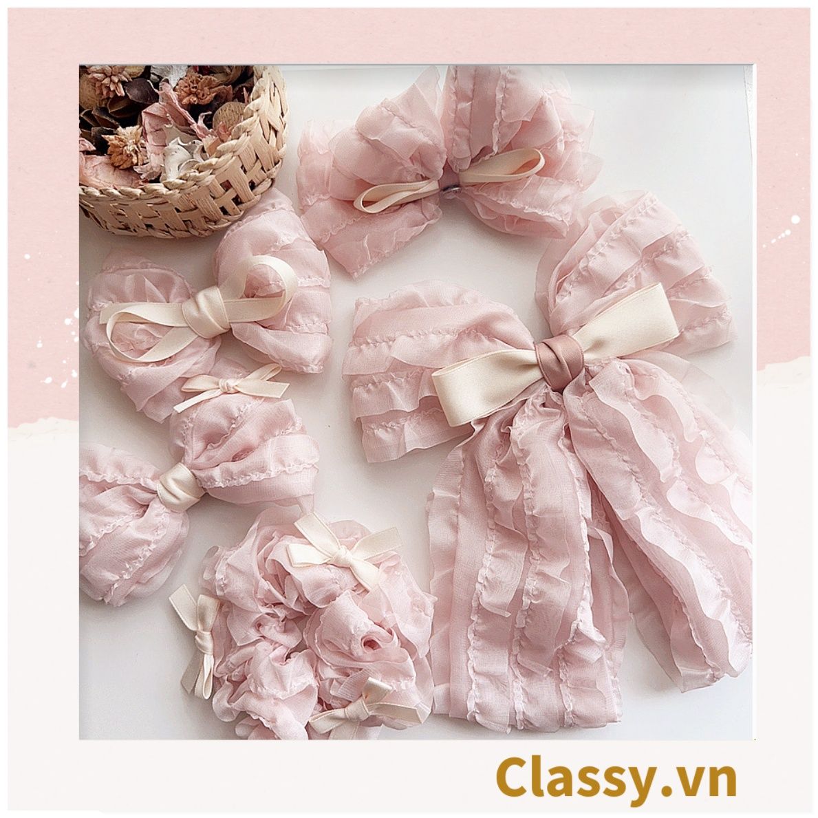 Kẹp tóc cột tóc scrunchies nơ màu hồng phấn mang lại nét nữ tính cho bạn nữ PK1152
