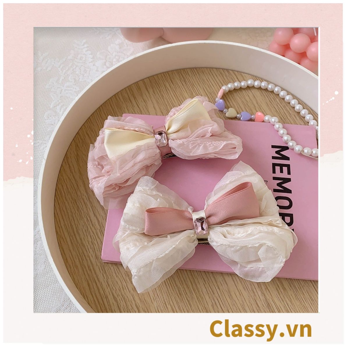 Kẹp tóc cột tóc scrunchies nơ màu hồng phấn mang lại nét nữ tính cho bạn nữ PK1152