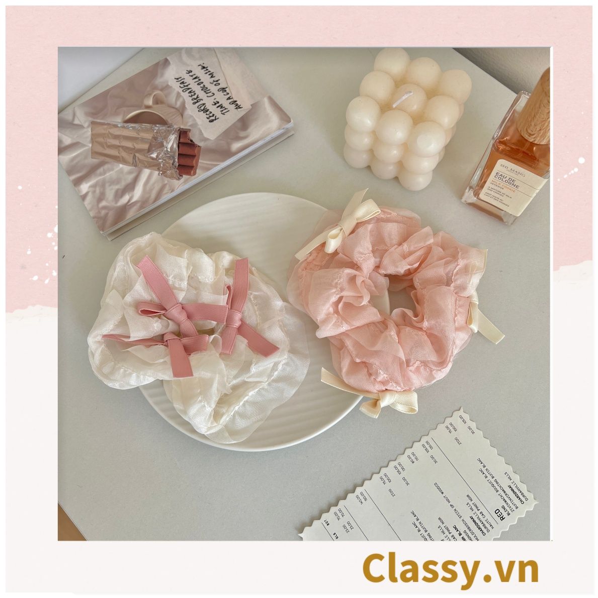Kẹp tóc cột tóc scrunchies nơ màu hồng phấn mang lại nét nữ tính cho bạn nữ PK1152