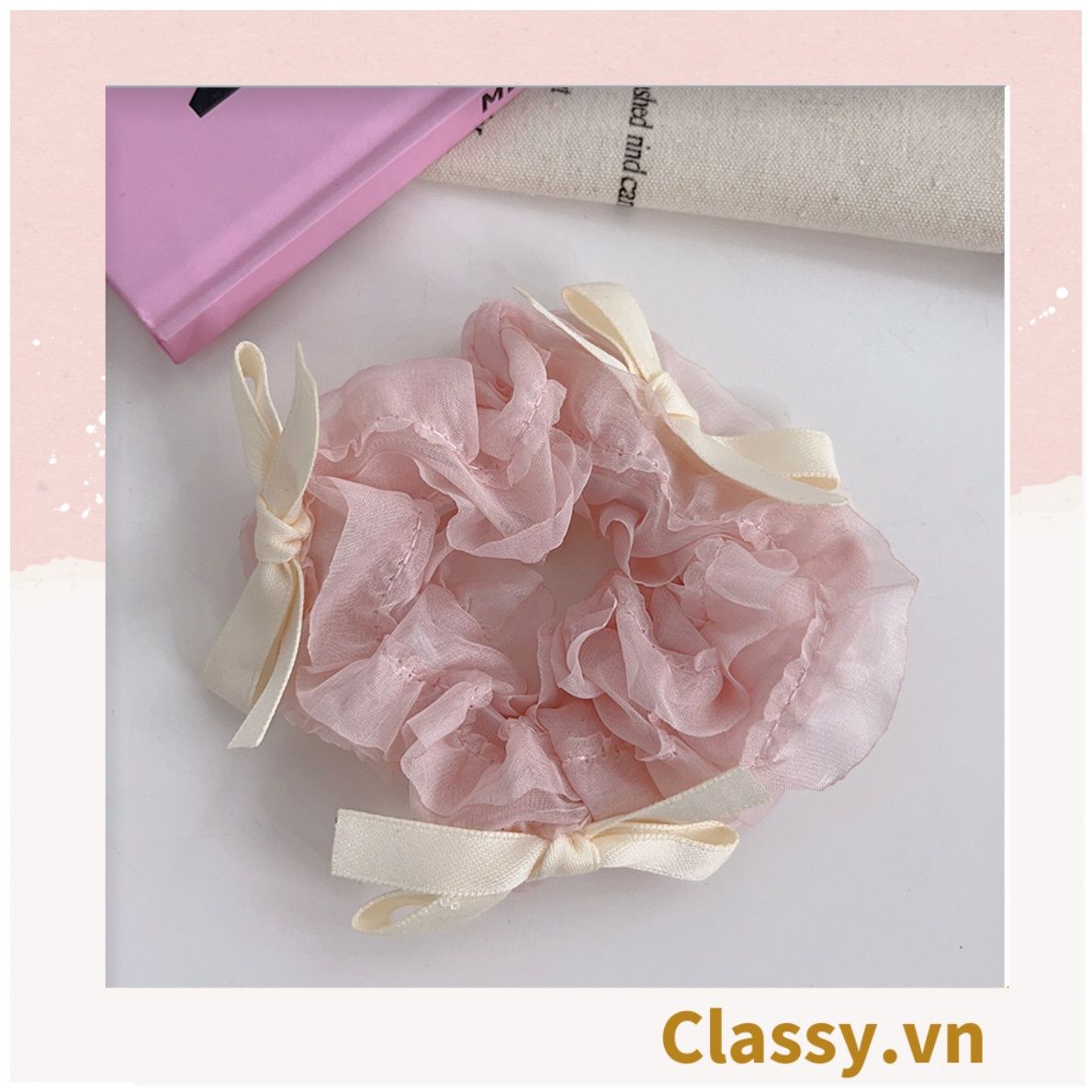 Kẹp tóc cột tóc scrunchies nơ màu hồng phấn mang lại nét nữ tính cho bạn nữ PK1152