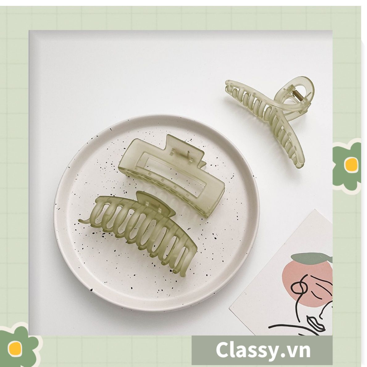 Kẹp tóc càng cua màu xanh lá, dạng kẹp trong đục, nhiều kiểu dáng hiện đại PK1169