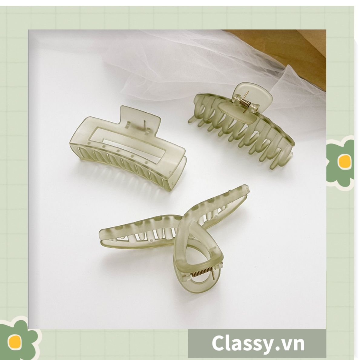 Kẹp tóc càng cua màu xanh lá, dạng kẹp trong đục, nhiều kiểu dáng hiện đại PK1169