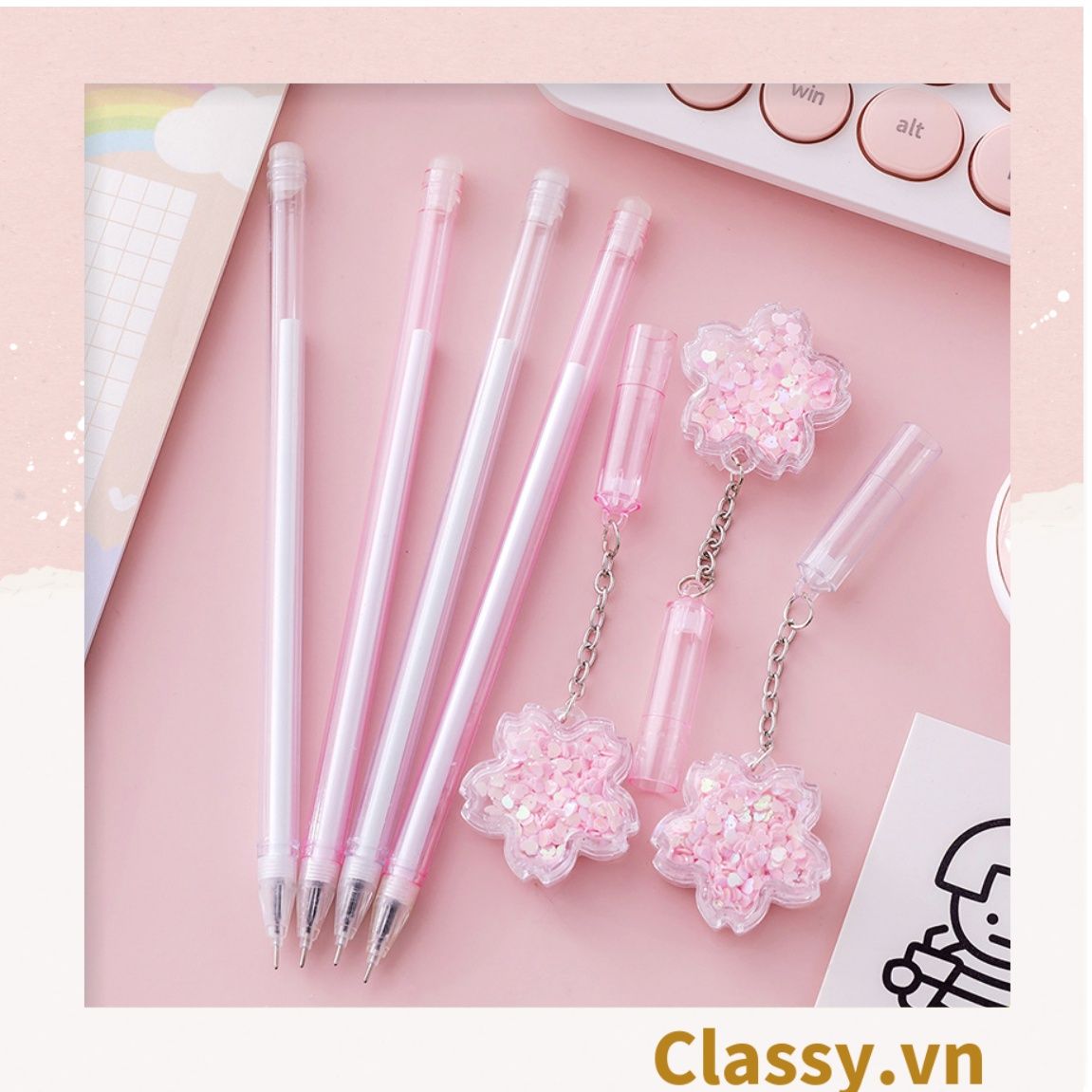 Bút gel 0.5mm màu hồng, đính kèm bông hoa, tùy chọn cho sinh viên/nhân viên văn phòng PK1200