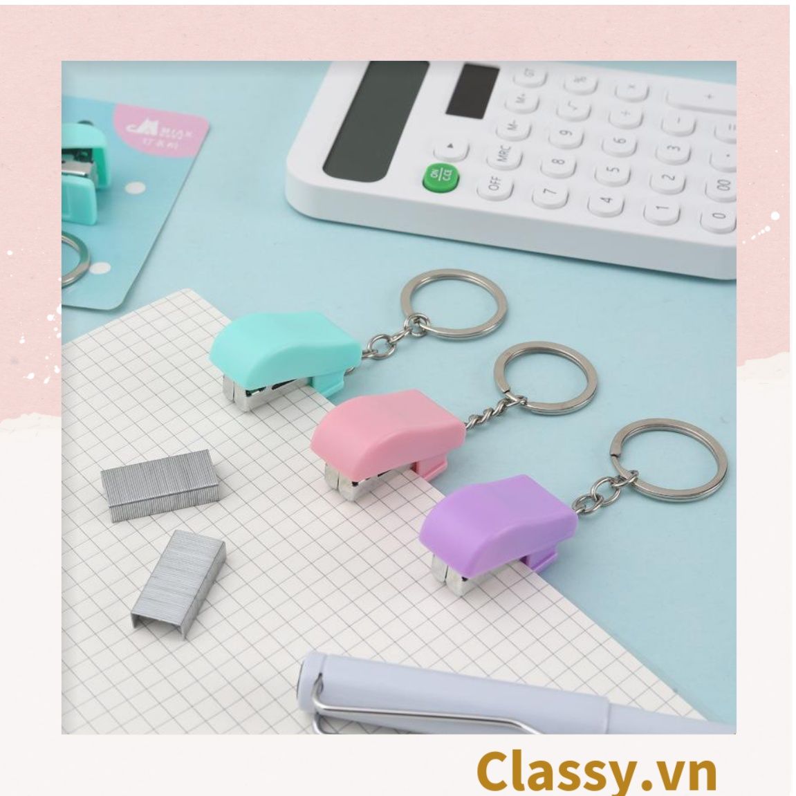 Bấm giấy dập ghim mini Classy đa năng cỡ nhỏ 3.9x1.6x2.7CM, nhiều màu đa dạng có thể dùng làm móc khóa PK1216