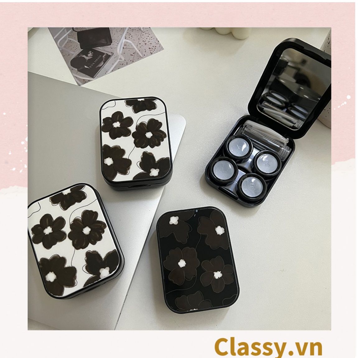 Hộp đựng kính áp tròng, 2 khay đựng lens phong cách vintage PK1302