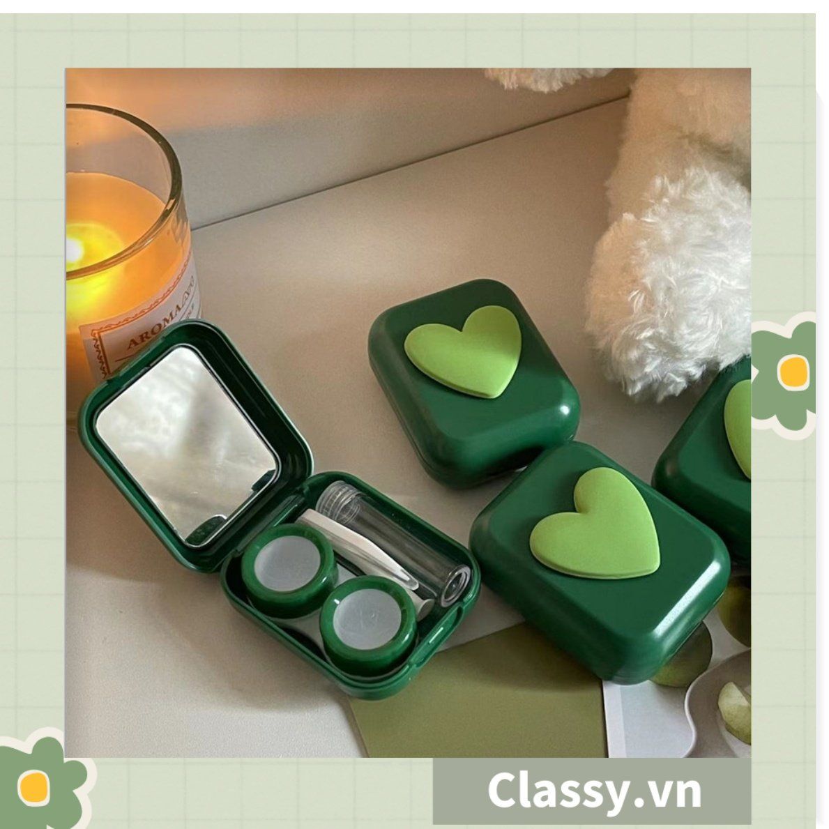 Khay đựng lens, kính áp tròng đẹp hình trái tim xanh có kèm theo gương soi PK1313
