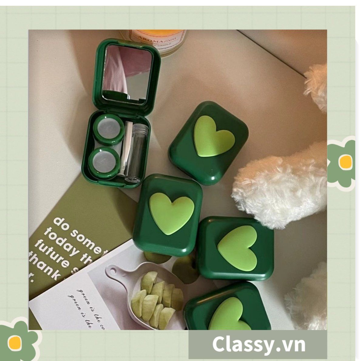 Khay đựng lens, kính áp tròng đẹp hình trái tim xanh có kèm theo gương soi PK1313