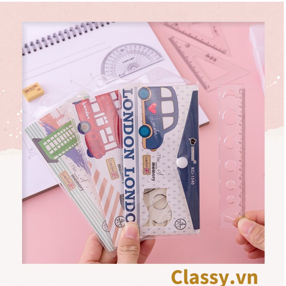 Bộ thước kẻ 4 món, đo độ, eke, đồ dùng học tập tiện lợi phiên bản hoạt hình đáng yêu PK1315