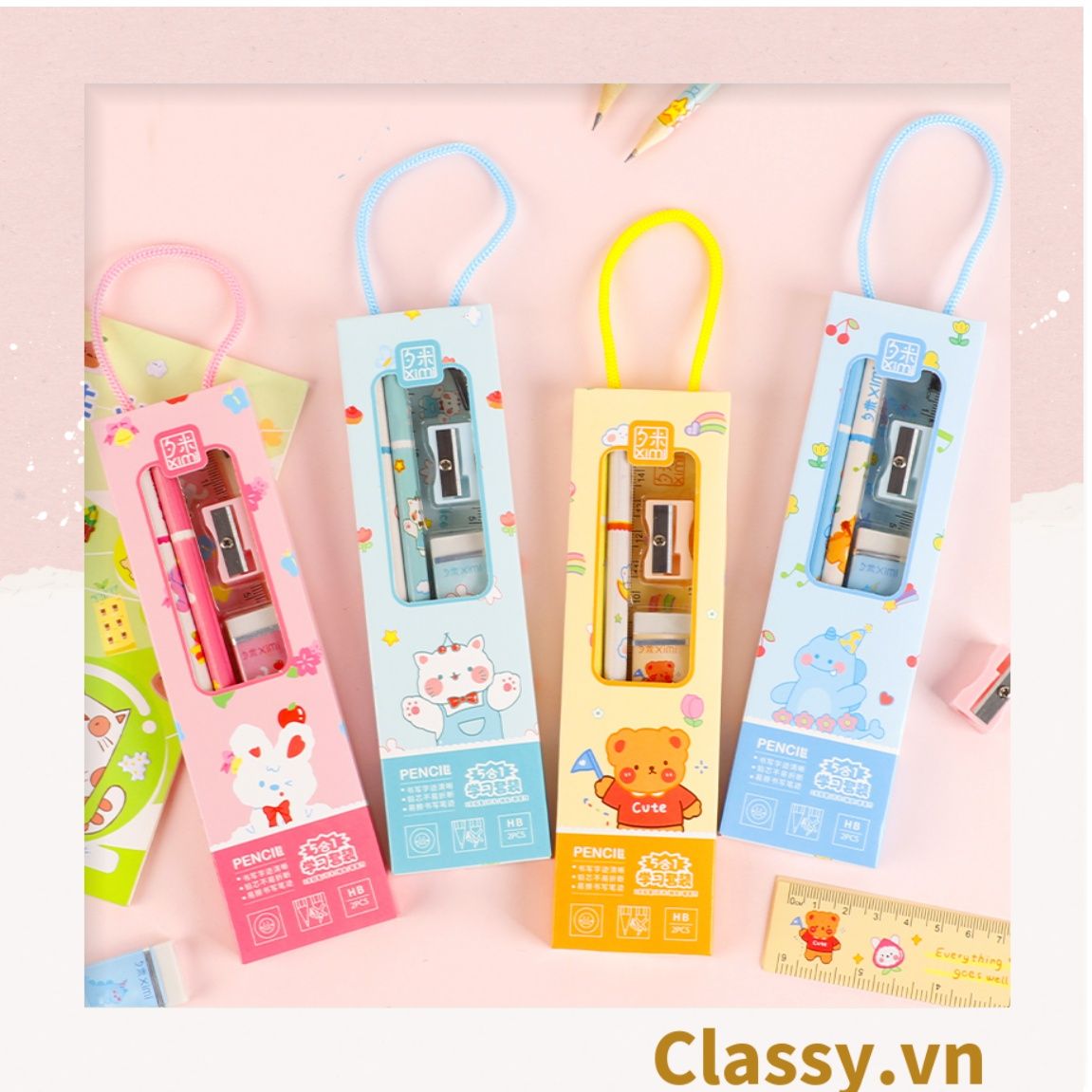 Bộ 5 dụng cụ học tập tiện lợi, quà tặng học sinh dễ thương nhiều màu lựa chọn PK1317