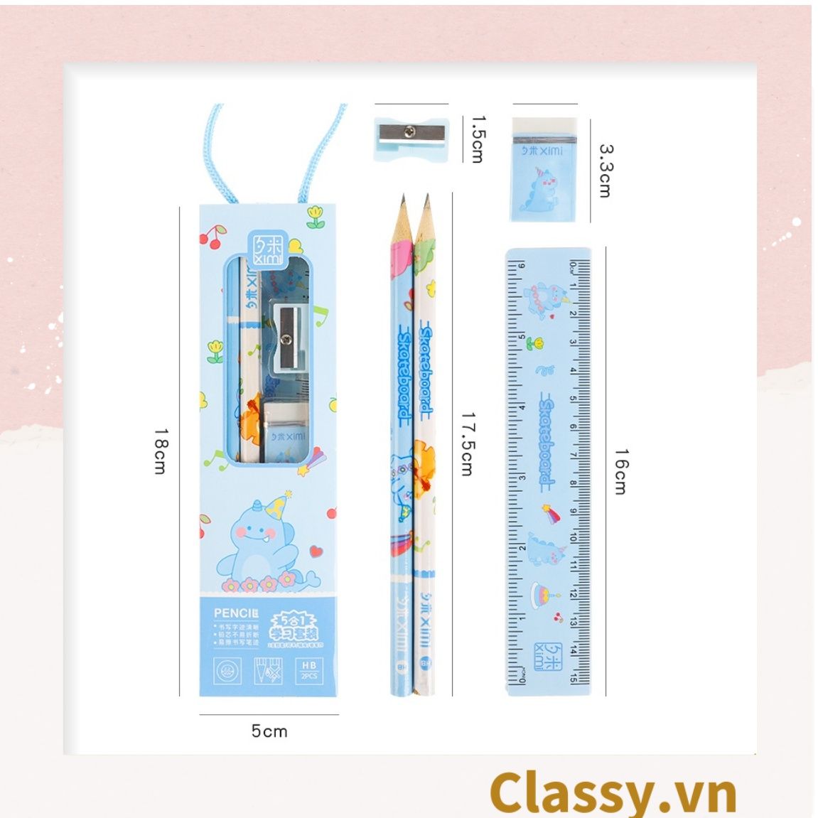 Bộ 5 dụng cụ học tập tiện lợi, quà tặng học sinh dễ thương nhiều màu lựa chọn PK1317