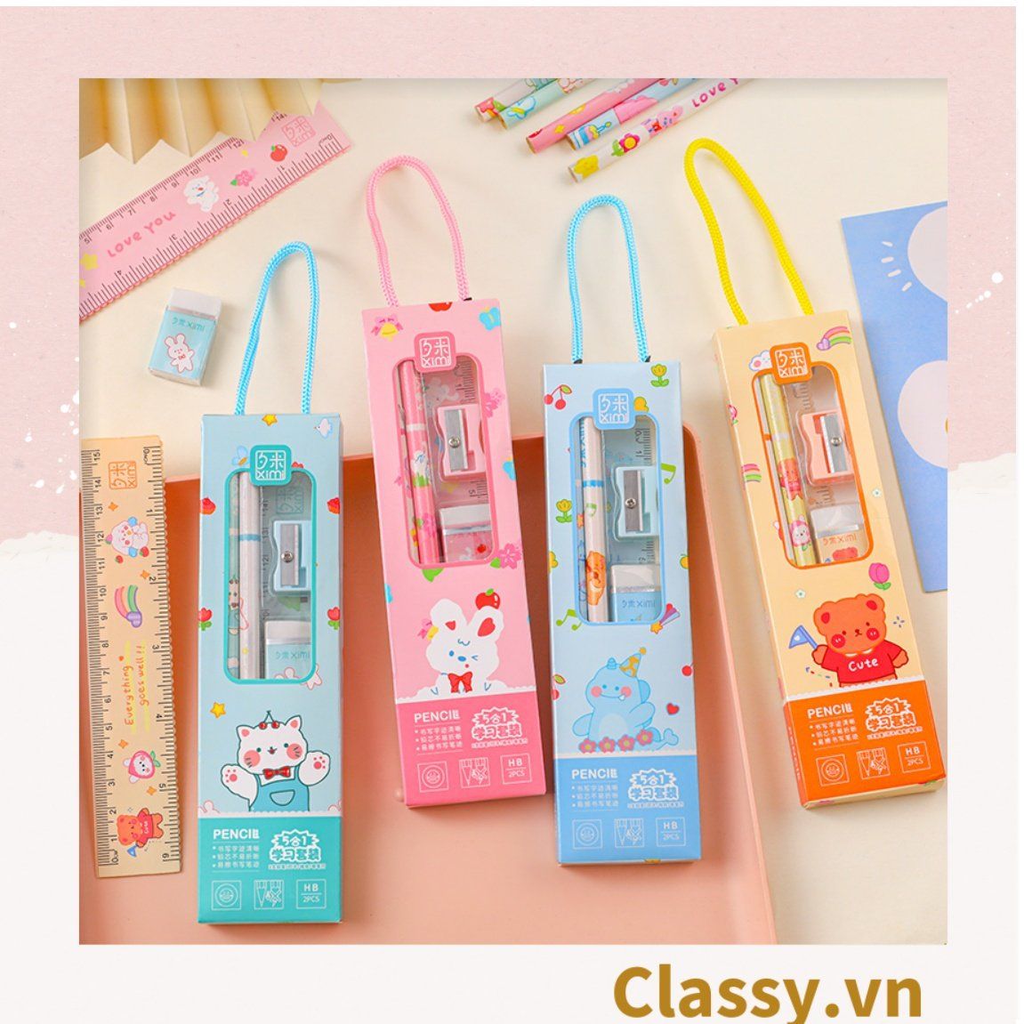Bộ 5 dụng cụ học tập tiện lợi, quà tặng học sinh dễ thương nhiều màu lựa chọn PK1317
