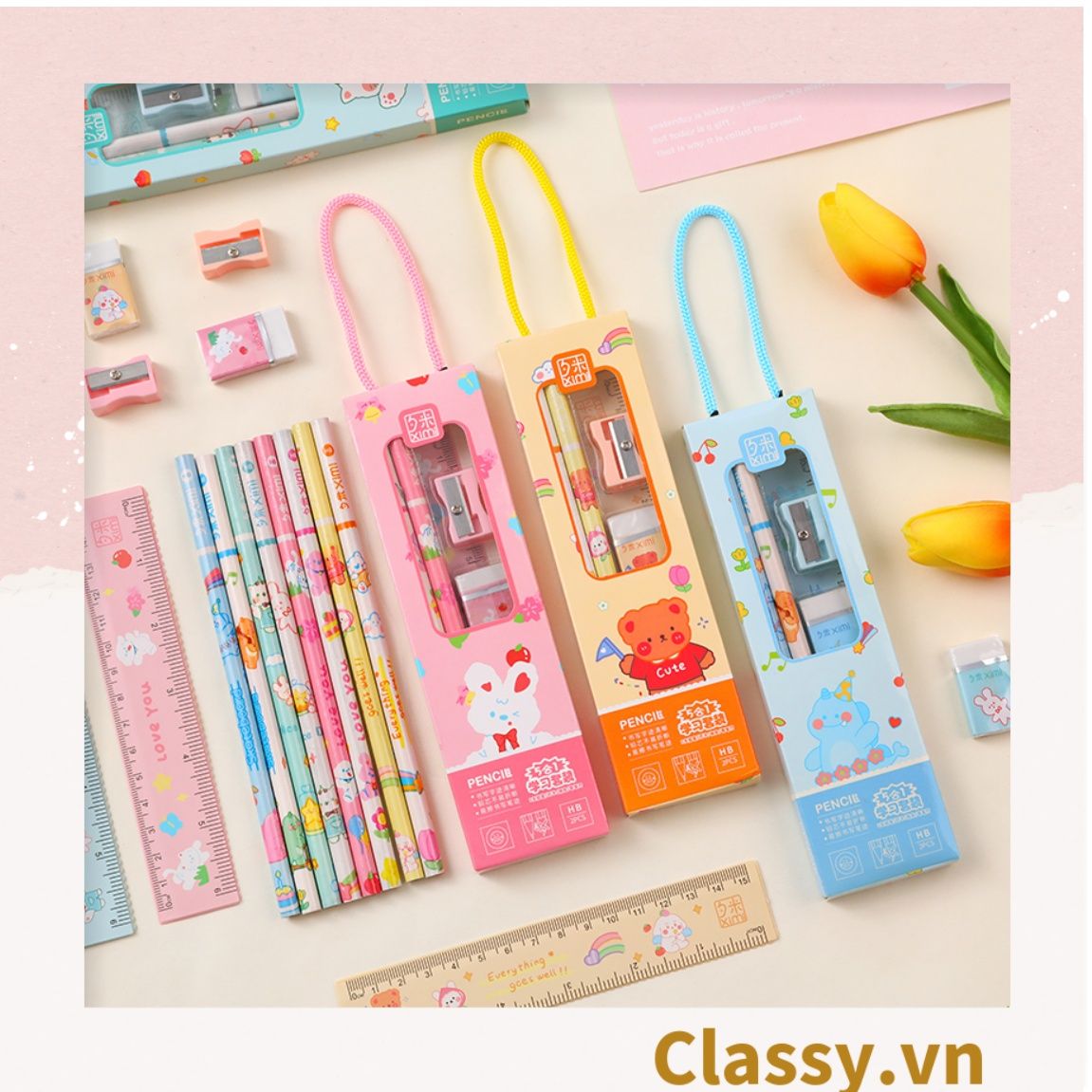 Bộ 5 dụng cụ học tập tiện lợi, quà tặng học sinh dễ thương nhiều màu lựa chọn PK1317