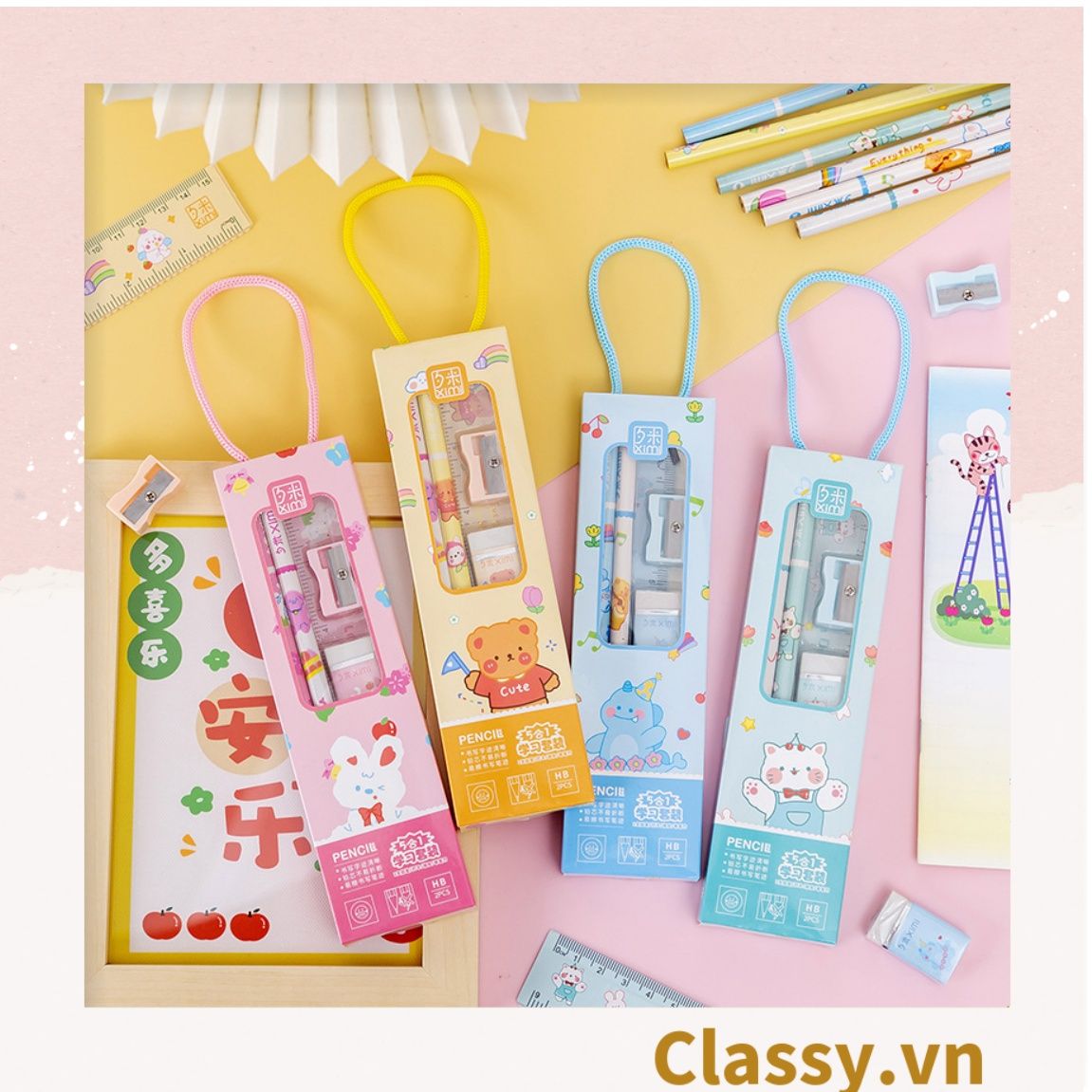 Bộ 5 dụng cụ học tập tiện lợi, quà tặng học sinh dễ thương nhiều màu lựa chọn PK1317
