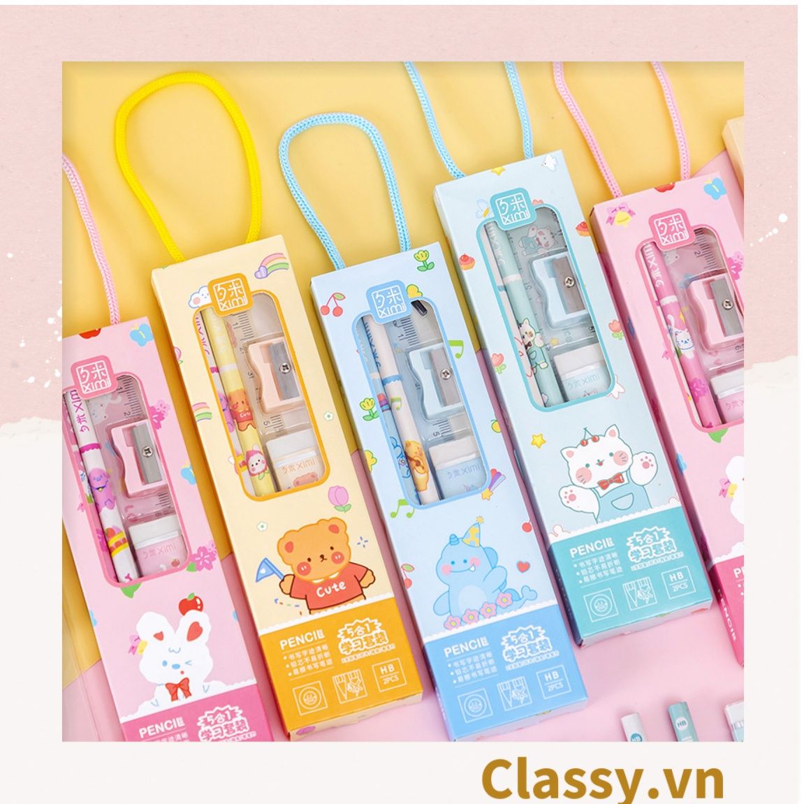 Bộ 5 dụng cụ học tập tiện lợi, quà tặng học sinh dễ thương nhiều màu lựa chọn PK1317