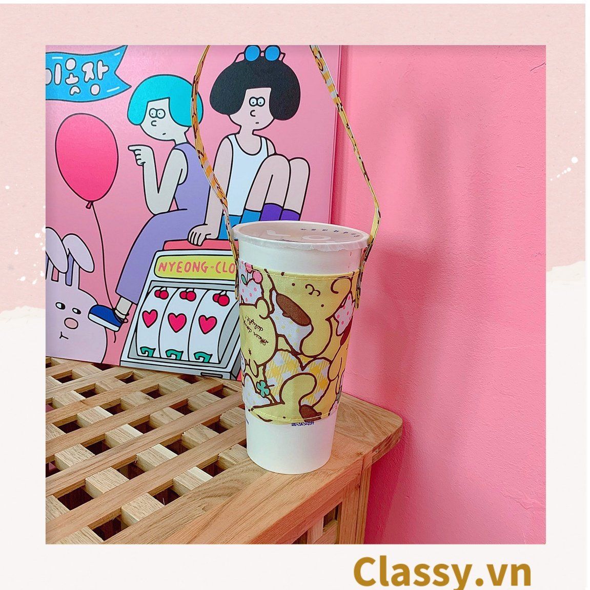 Classy Cup Holder vải bọc ly cốc vải canvas đựng ly giữ nhiệt, bình nước có quai xách nhiều họa tiết ngộ nghĩnh PK1324