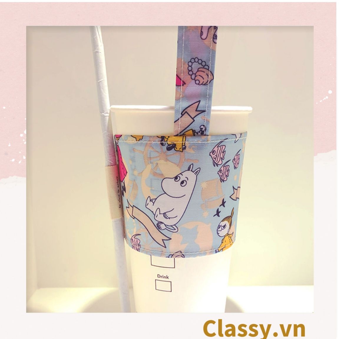  Classy Cup Holder vải bọc ly cốc vải canvas đựng ly giữ nhiệt, bình nước có quai xách nhiều họa tiết ngộ nghĩnh PK1324 