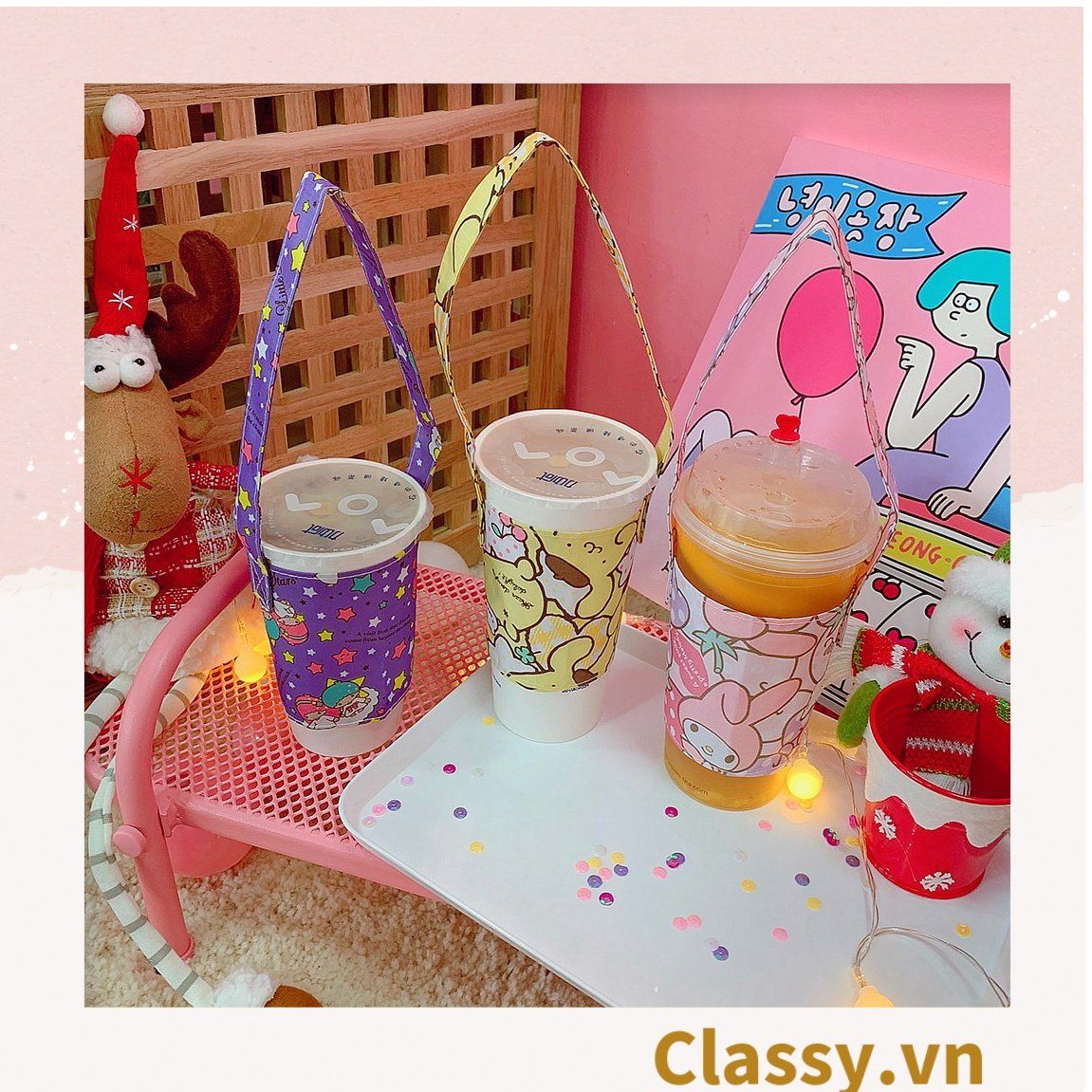 Classy Cup Holder vải bọc ly cốc vải canvas đựng ly giữ nhiệt, bình nước có quai xách nhiều họa tiết ngộ nghĩnh PK1324
