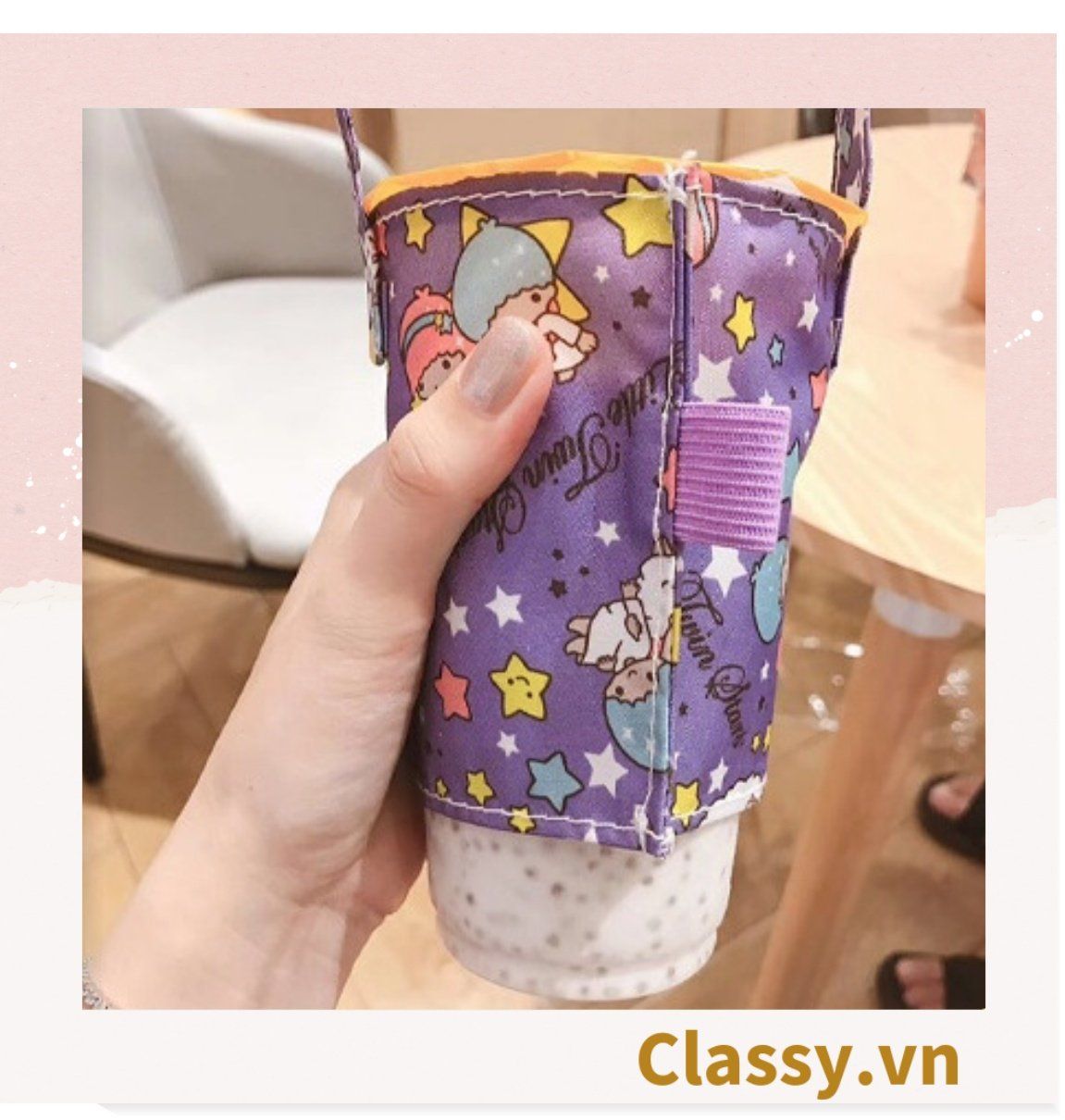 Classy Cup Holder vải bọc ly cốc vải canvas đựng ly giữ nhiệt, bình nước có quai xách nhiều họa tiết ngộ nghĩnh PK1324