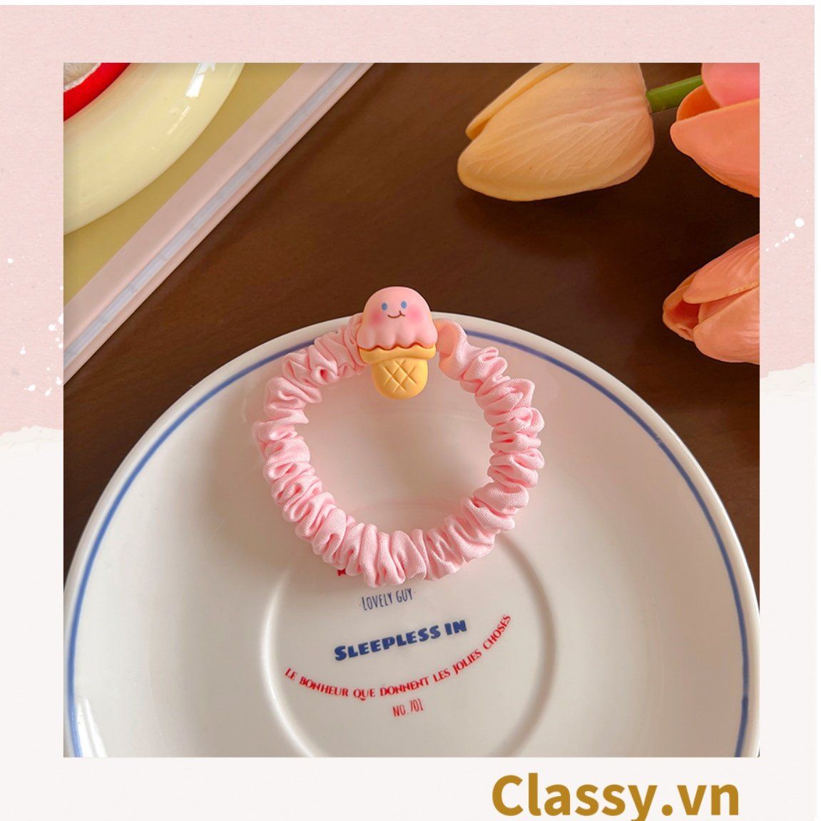 Dây cột tóc Classy bằng vải phi bóng hình chú thỏ con đáng yêu siêu bền PK1365