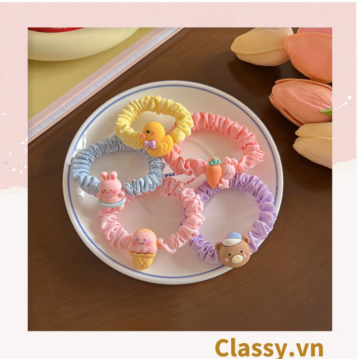 Dây cột tóc Classy bằng vải phi bóng hình chú thỏ con đáng yêu siêu bền PK1365