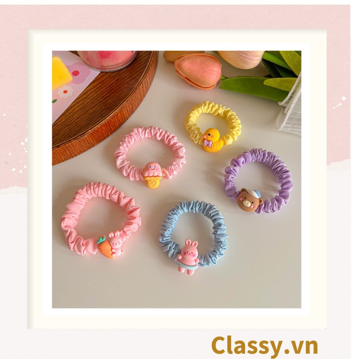  Dây cột tóc Classy bằng vải phi bóng hình chú thỏ con đáng yêu siêu bền PK1365 