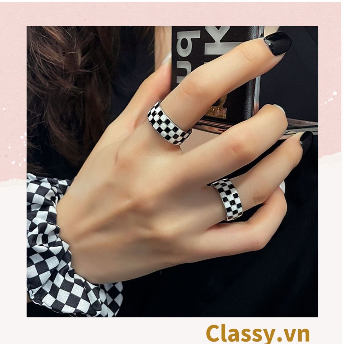 Classy Nhẫn hở họa tiết bàn cờ phối xanh và đen độc đáo PK1395