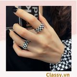  Classy Nhẫn hở họa tiết bàn cờ phối xanh và đen độc đáo PK1395 