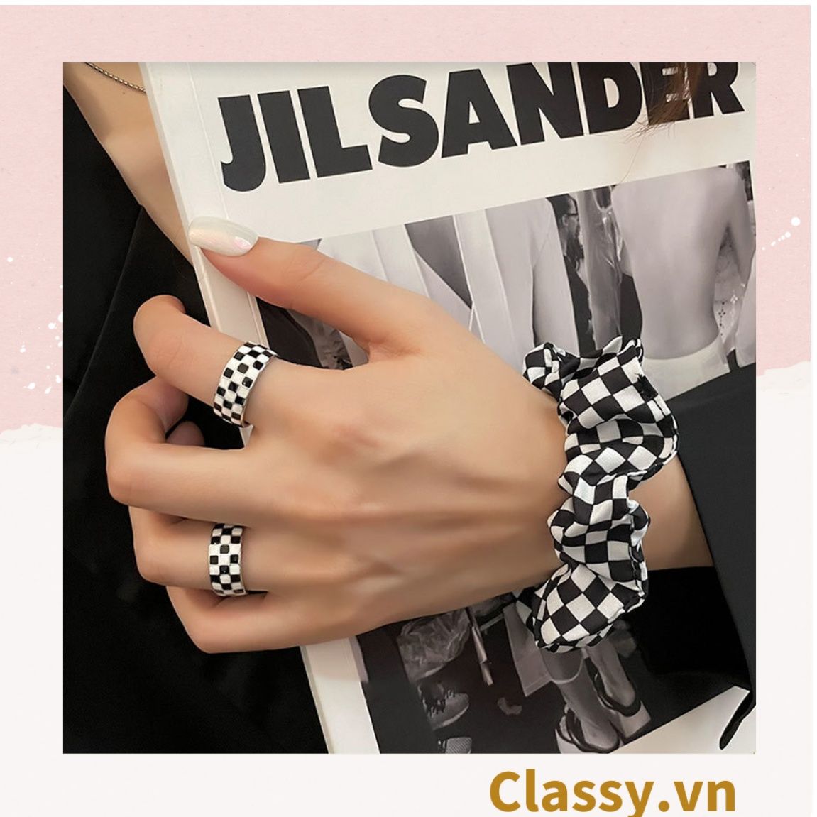 Classy Nhẫn hở họa tiết bàn cờ phối xanh và đen độc đáo PK1395