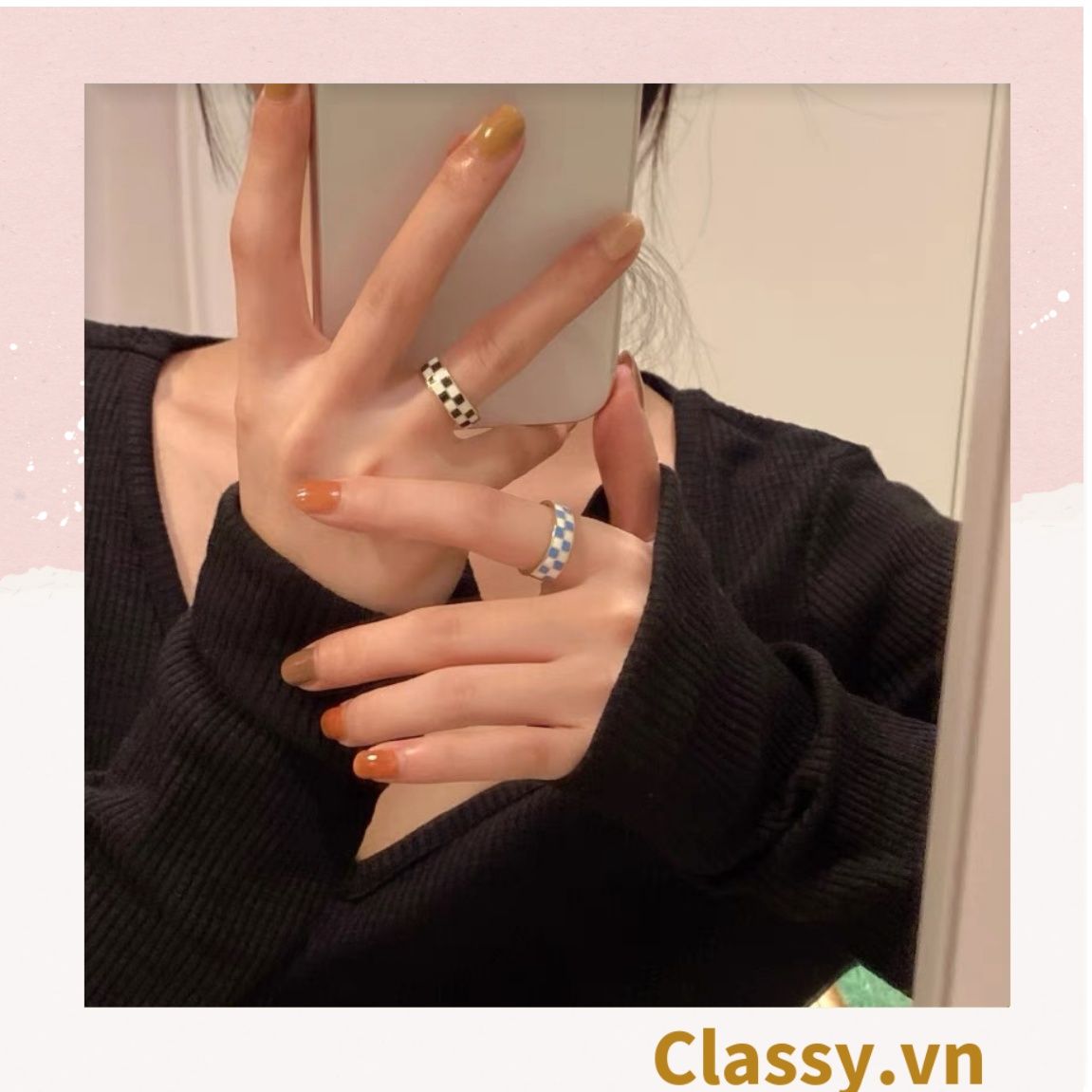 Classy Nhẫn hở họa tiết bàn cờ phối xanh và đen độc đáo PK1395