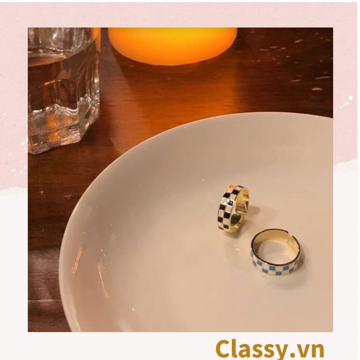 Classy Nhẫn hở họa tiết bàn cờ phối xanh và đen độc đáo PK1395