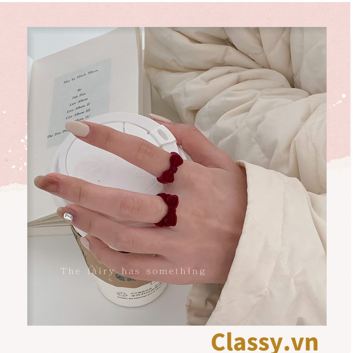 Nhẫn hở bọc vải nhung họa tiết gấu và thỏ độc đáo PK1396