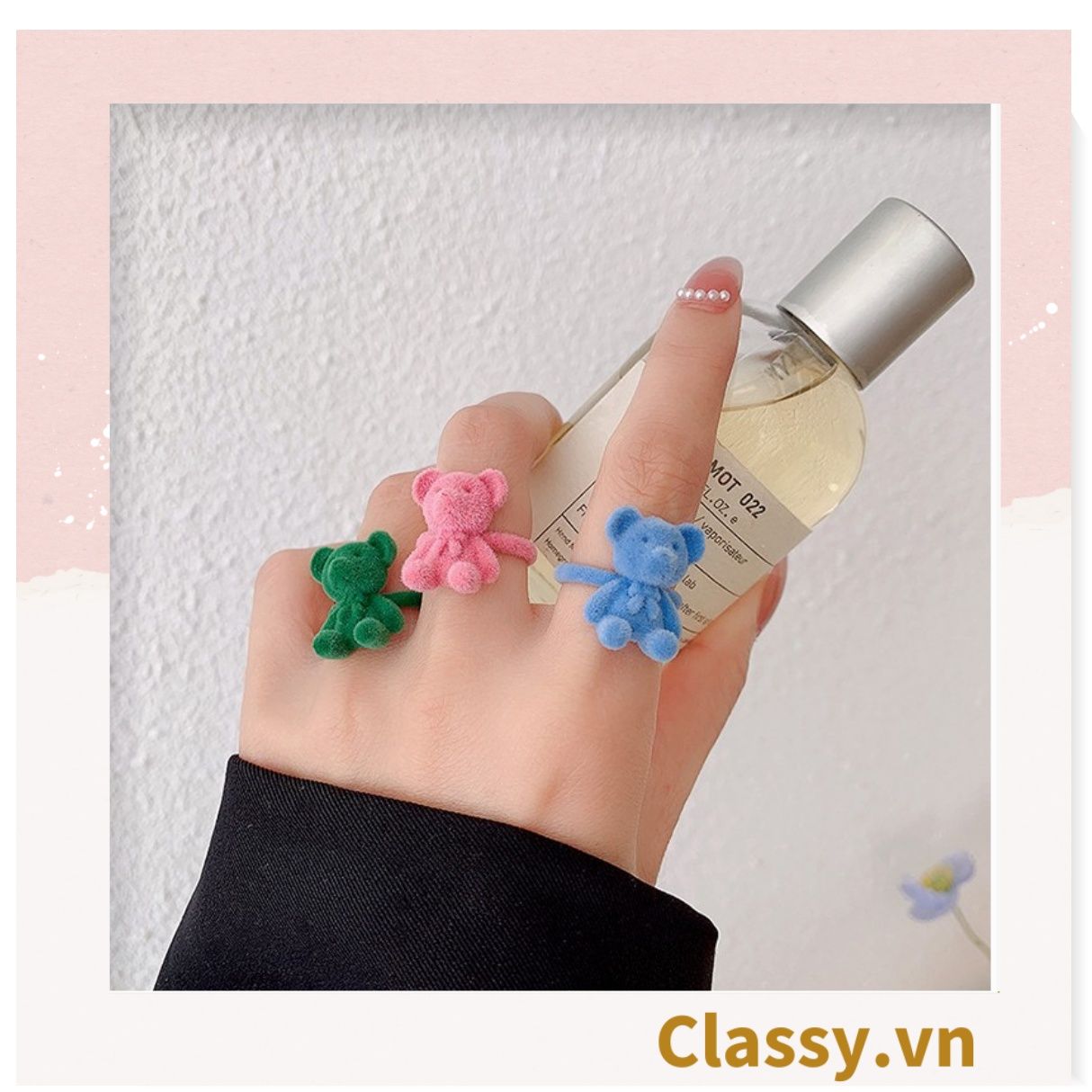 Nhẫn hở bọc vải nhung họa tiết gấu và thỏ độc đáo PK1396
