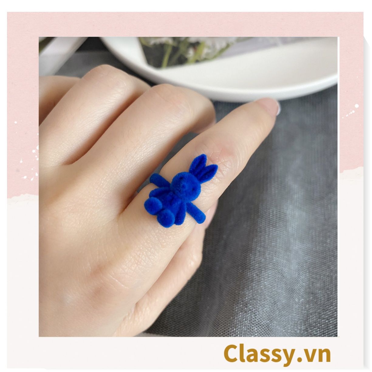 Nhẫn hở bọc vải nhung họa tiết gấu và thỏ độc đáo PK1396