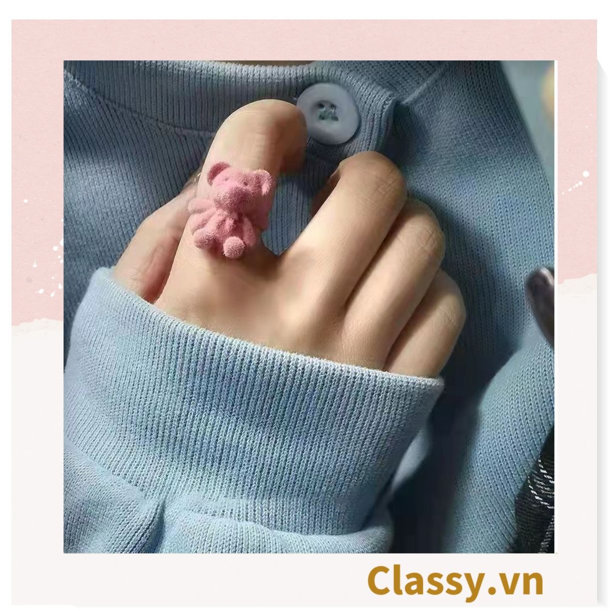 Nhẫn hở bọc vải nhung họa tiết gấu và thỏ độc đáo PK1396