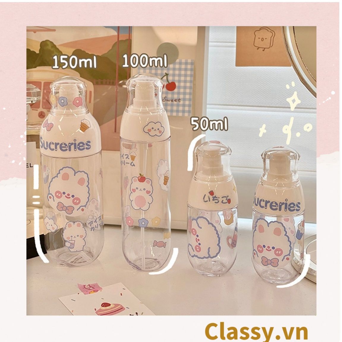 Classy Chai chiết mỹ phẩm dạng xịt, dạng vòi bấm bằng nhựa dung tích 100ml, 50ml PK1398