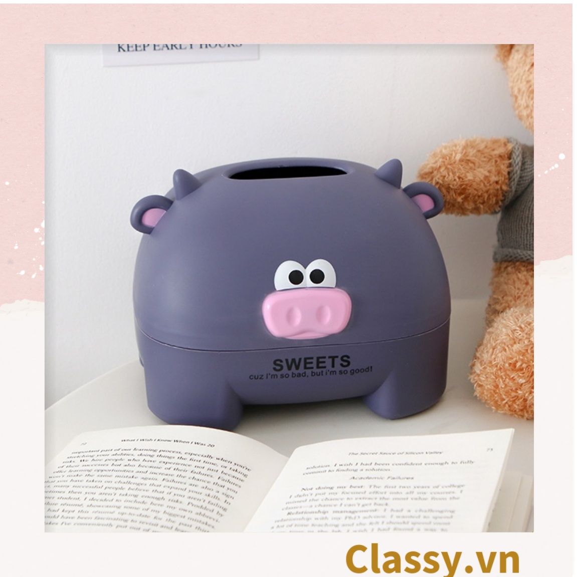 Classy Hộp nhựa đựng khăn giấy rút, họa tiết con vật đáng yêu PK1492
