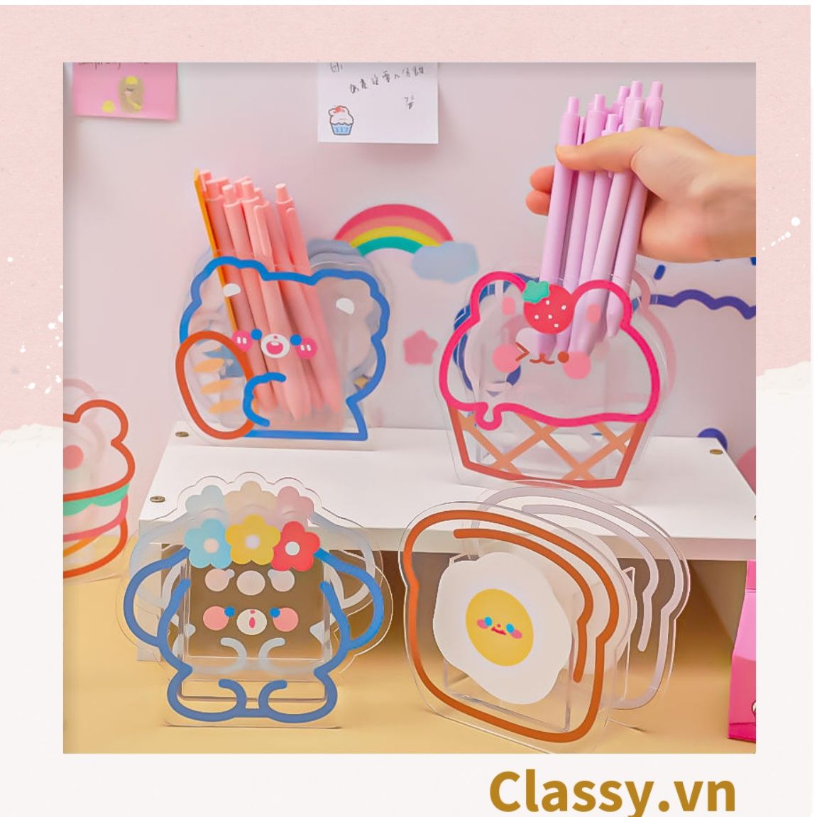 Classy Hộp đựng bút, đựng cọ trong suốt họa tiết ngẫu nhiên độc đáo PK1493
